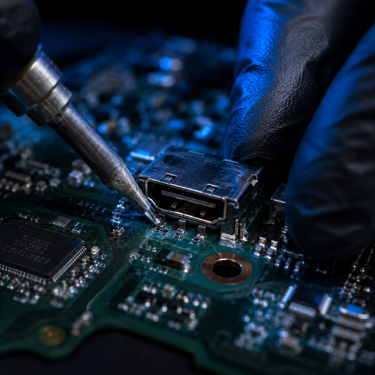 Técnico reparando el puerto HDMI de una consola PlayStation 4