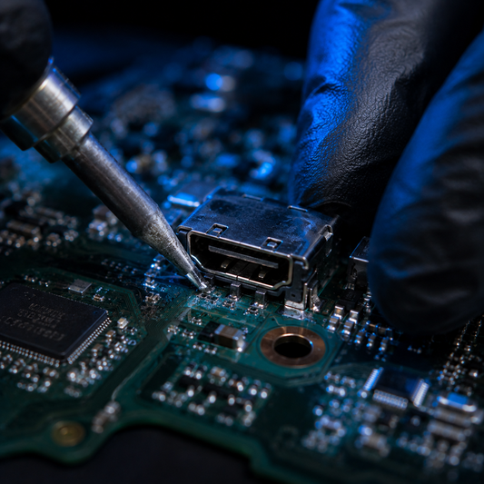 Técnico reparando el puerto HDMI de una consola PlayStation 4
