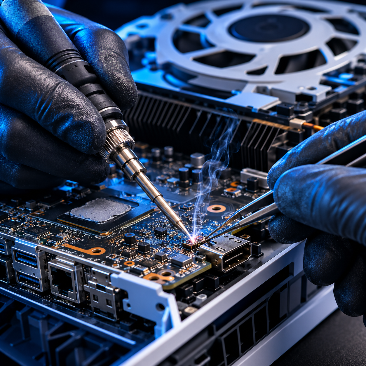 Técnico reparando el puerto HDMI de una consola PlayStation 5